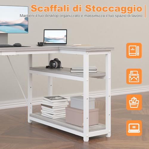 Scrivania ad Angolo Reversibile 110 x 80cm, Scrivania a Forma di L con Ripiani,Tavolo da Lavoro,Struttura in Acciaio, per Computer, Ufficio, Studio and Soggiorno, Grigio - Scrivania Gaming - Immagine 6