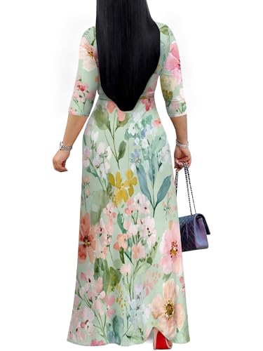 Image of SUZONANA Plus Size Dresses for Women Floral Print Maxi Dress Flowy 3 /4 Sleeve with Belt