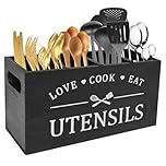 Kitchen Utensils Holder, Kitchen Cooking Utensil Organizer with 4 Compartment and Drainage Bottom, Farmhouse Utensil Organiser Cutlery Caddy , Wooden Cooking Tools Storage for Countertop (Black)