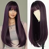 7JHH WIGS Long Straight Dark Purple Wig with Bangs 28in Purple Wig with Black Roots Natural Heat Resistant Fiber Synthetic Red Layered Wigs for Women Girls Holiday Festival Chrismas Daily Party Used