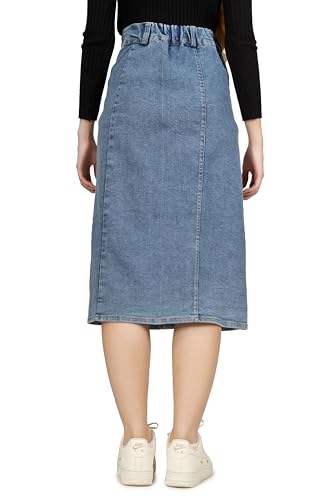 Image of Straight Stylish Comfortable Long Two Button Up Slit Dobby Denim Skirt for Women & Girls