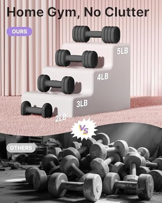 YOTTOY Adjustable Dumbbell Set of 2, 4-in-1 Hand Weights for Women at Home, Compact Free Weights Dumbbells Set with Soft Grip and Base, 2-5 lbs Each for Home Gym