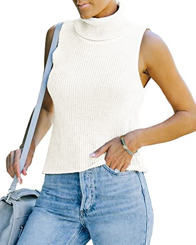 Image of Womens Sleeveless Sweater Vest Turtleneck Ribbed Knit Tank Tops Basic Slim Fit Top White