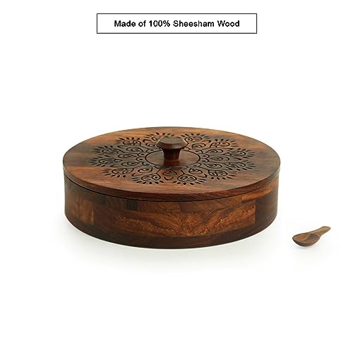 Image of ExclusiveLane 'The Dancing Peacock' Sheesham Wooden Spice Box for Kitchen with Spoon (7 Partitions, 120 ml Each) | Masala Container Spice Box Wooden Namak Dani for Kitchen Masala Box Wooden Dani