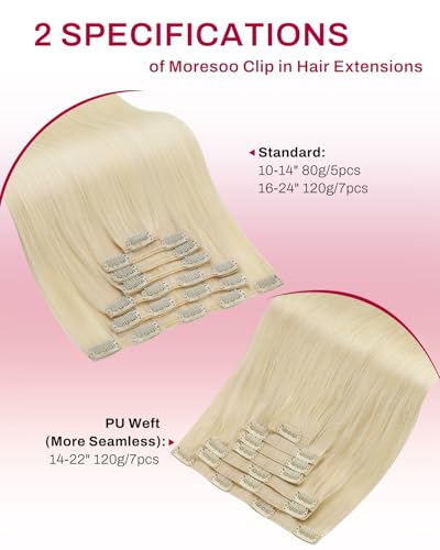 Image of Moresoo Blonde Clip in Hair Extensions, 22inch PU Weft, Real Human Hair | Seamless clip in hair extensions, light blonde, 120g 7pcs, for weddings and events, for elegant feminine styling