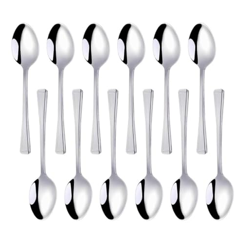 Acense Teaspoons Set of 12 Stainless Steel Table Teaspoon Tea Stirring Spoons Long Handle Silver Plain Pattern Spoons Ideal for Coffee Cafe Latte Espresso Hot Chocolate.
