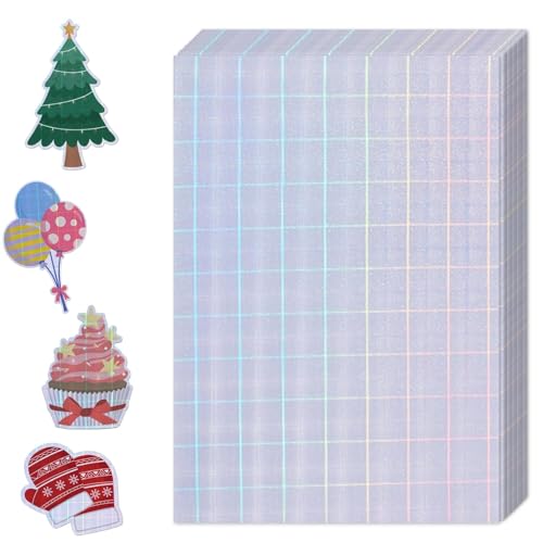 Image of True-Ally 20 Sheets Holographic Sticker Paper, Transparent Holographic Vinyl Laminate Film, Clear Overlay Lamination Sticker Paper Self Adhesive Waterproof - 8.5x11 inch (Grid Pattern)