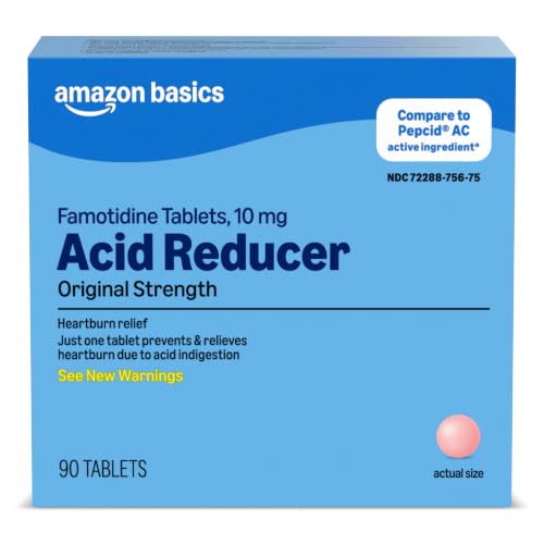 Amazon Basics Original Strength Famotidine Tablets, 10 mg, Acid Reducer, Heartburn Medicine, Acid Indigestion Relief, 90 Count (Previously Amazon Basic Care) - image 1