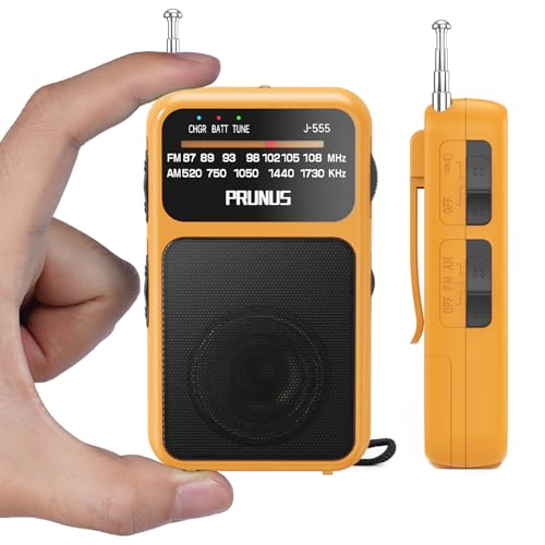 Image of PRUNUS J-555 Pocket Radio AM FM Built-in 800mAh Rechargeable battery /AAA Battery Operated, Excellent Reception Clear Speaker Earphone Jack, Back Clip, Flashlight, Transistor, Portable Mini USBC Charge