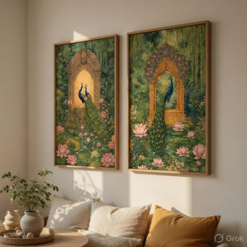 Image of Livin'luxe Royal Peacock Garden Wall Painting Set of 2 with Wooden Frames | Mughal Palace Peacock Artwork HD Sparkle Laminated MDF Wall Decor | Traditional Indian Wall Art for Living Room Bedroom