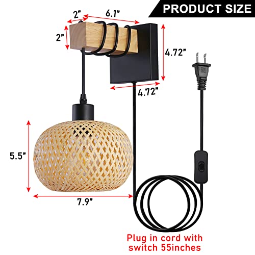 Image of Farmhouse Plug in Wall Light Fixture, Bamboo Rattan Wall Mounting Hanging Lamp for Bedroom, Living Room, Wood Beam Wall socnces with Plug in Cord