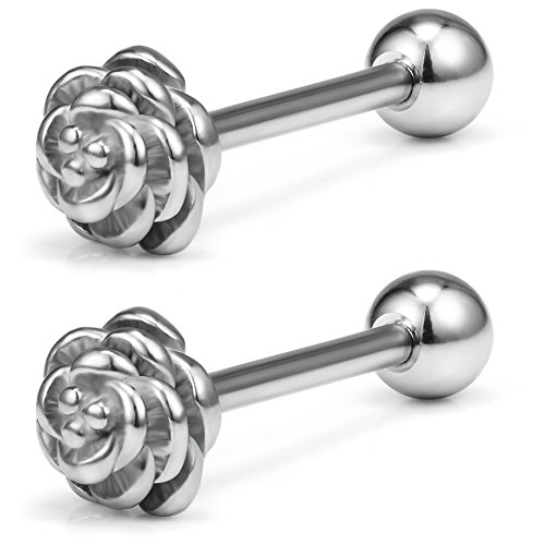 Ruifan 2pcs Vintage Flower Rose Straight Barbell Nipple Tongue Ring Piercing 14G 5/8"(16mm) - Silver