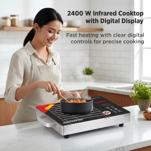 Image of BALTRA Infrared Induction Cooktop 2400W with Grill Rack, Infrared Glass Top, Digital Touch Control, Auto-Off Safety, 3 Cooking Modes, Infrared Hot Plate, Works with All Cookware