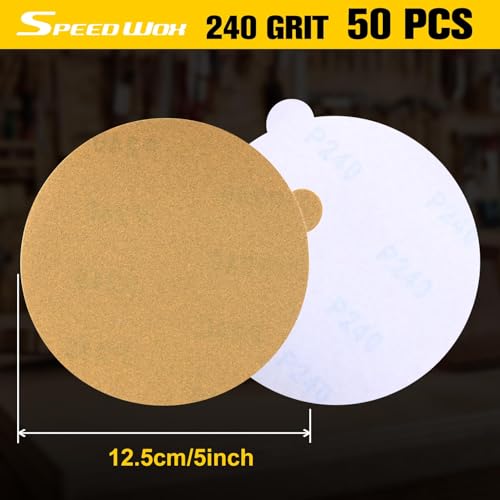 SPEEDWOX 50 Stück 12,7 cm Gold PSA Schleifscheiben, Körnung 240, selbstklebend, Aluminiumoxid, für DA-Schleifer, Winkelschleifmaschine, Metall, Holz, Kunststoffe