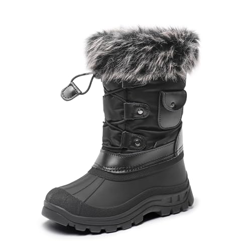 DREAM PAIRS Boys Girls Snow Boots Water-Resistant Outdoor Warm Cozy Anti-Slip Mid Calf Faux Fur Lining Insulated Winter Shoes for Little/Big Kids 4 Big Kid Black