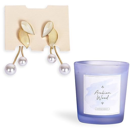 Yellow Chimes Gift Set for Women | Combo of Pearl Drop Earrings and Candle (Arabian Wood, 60gm) | Birthday Gift, Anniversary Gift, Valentine Gift, Secret Santa Gifts Yellow Chimes Gift Set for Women | Combo of Pearl Drop Earrings and Candle (Arabian Wood, 60gm) | Birthday Gift, Anniversary Gift, Valentine Gift, Secret Santa Gifts