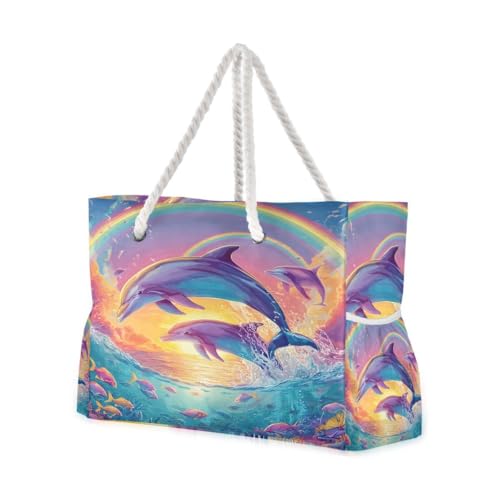 senya Large Beach Bags Totes Canvas Tote Shoulder Bag Soft Wave Water Resistant Bags for Gym Travel Daily Ocean (Dolphin Ocean Rainbow)