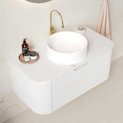 Image of KEIKI 36 inch Wall-Mounted Floating Bathroom Vanity with Sink, Modern 3D Striped Cabinet, Soft-Close Drawer, Space-Saving Minimalist Design, Pre-Assembled, White