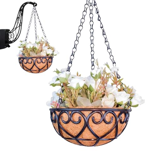 Yonuaret Hängend Blumenampel Mit Kokosfaser-Auskleidung, Runder Hängender Blumentopf, Metalldraht, Pflanzkorb Hängetopf Pflanzen Hängende Pflanzgefäße Für Drinnen Und Draußen, Garten