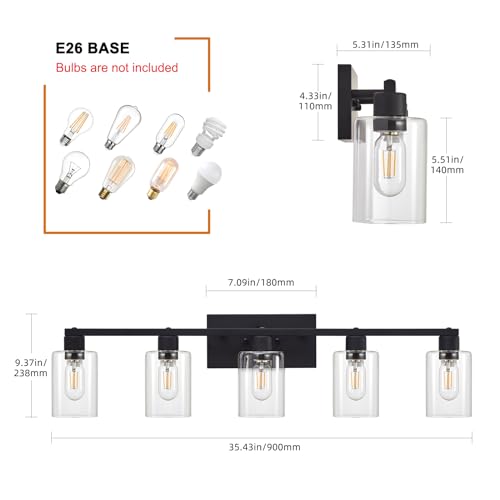 Image of 5 Light Vanity Lights for Bathroom, Black Bathroom Vanity Light, Large Vanity Light Fixtures, Bathroom Lighting Fixtures Over Mirror, Vanity Lights with Clear Glass for Bathrrom