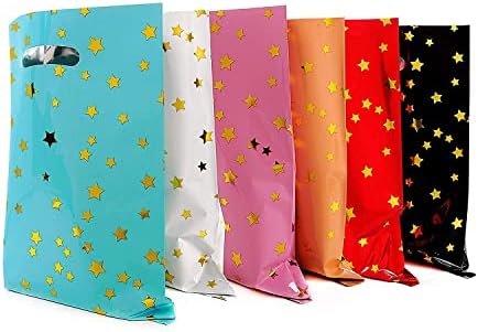 HABILE 48 pieces of thicker gift bags with handles, plastic party candy bags with sparkling stars, suitable for all kinds of holiday parties