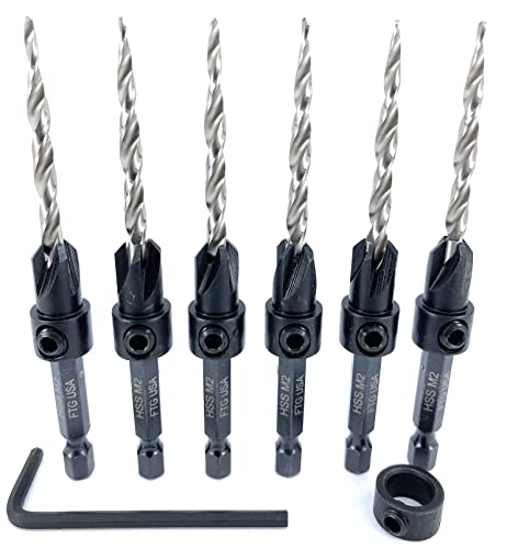 Ftg Usa Countersink Drill Bit Set 6 Pc #8 (11/64") Wood Countersink Drill Bit Pro Pack Countersink Set, Tapered Countersink Bit, 1 Stop Collar, Hex Wrench, Woodworking Countersink Drill Bits #TOP6