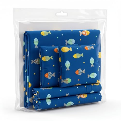 Image of Filymore Cute Fish Kids Fitted Diwan Set 8 Pieces - Blue Microfiber Diwan Bedsheet Set with 5 Cushion Covers & 2 Bolster Covers | Soft & Comfortable Cartoon Fish Print Diwan Cover Set for Kids Room