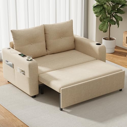 Merax Canapé-lit 2 places - 131 x 187 x 94 cm - Petit canapé - Avec fonction de couchage - Canapé convertible 3 en 1 avec porte-gobelet, port USB et poches...
