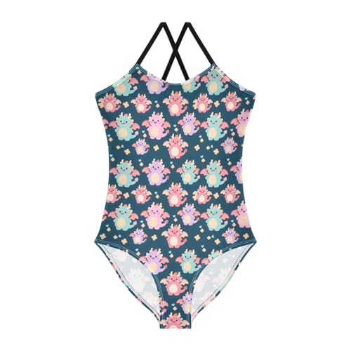 senya Girls Swimsuits One-Piece Swimwear Tie Bathing Suit Beach Summer Round Neck 7-8T Cute Dinosaur Pattern