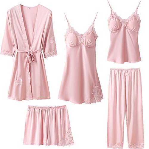 Superora 5PC Schlafanzüge Nachthemd Set für Damen Satin Morgenmantel...