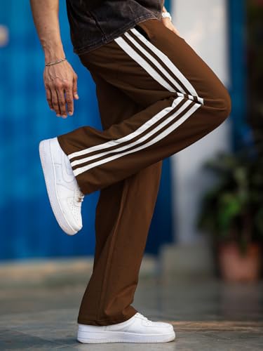 Image of Men's Track Pants with White Side Stripes | 4-Way Lycra Twill Polyester Straight Relaxed Fit Joggers | Mid-Rise Flexi Waist Lounge Bottoms