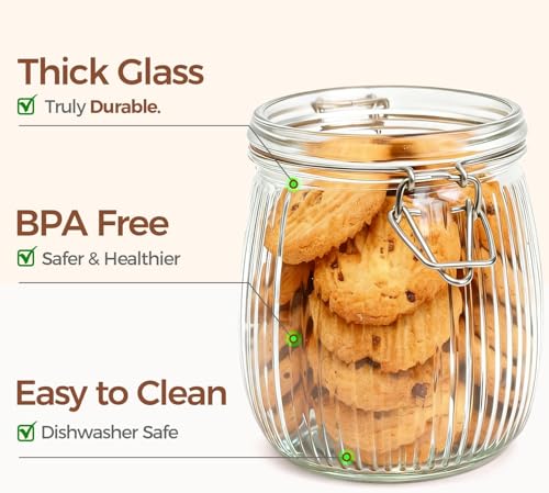 Image of ginoya brothers Airtight Glass jar with lid Storage Containers,Glass Canister, Mason Jars, Small Striped Clip Fastening Jar for Kitchen Canning, Overnight Oats, Pickle, Spice. (3, 750 ML)