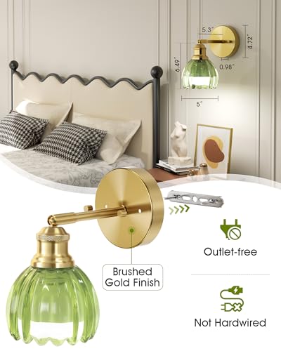 Image of VOLISUN Vintage Battery Operated Wall Sconce,with Green Tulip Glass Lampshade, Wireless Wall Sconce, Rechargeable Battery Powered Wall Light, Sconce Wall Decor for Bedroom Living Room