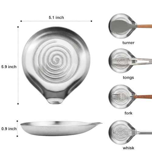 Image of VanlonPro Stainless Steel Spoon Rest, Spatula Ladle Holder, Stainless Steel Utensil Spoon Rest Holder, Brushed Finish, Dishwasher Safe 5.9 x 5.1 Inch (Round Swril Silver 1PC)
