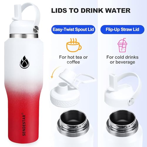 Image of SENDESTAR 40oz Stainless Steel Water Bottle(Cold for 48 Hrs, Hot for 24 Hrs),Double Wall Vacuum Insulated Bottle with Straw Lid, Spout Lid and Flex Cap, Fit in Any Car Cup Holder