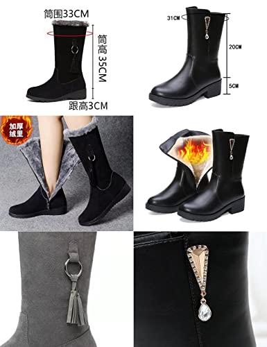 Keilinia Women's Winter Fashion Mid-Calf Snow Boots,2022 New Warm Faux Fur-Lined Non-slip Side Zip Suede Leather Tall Boots2