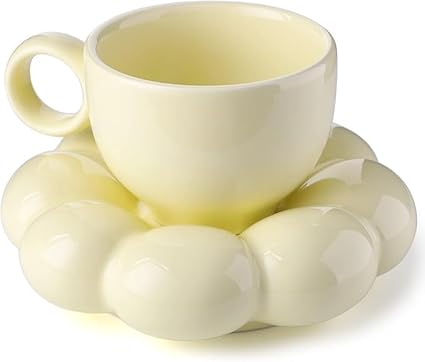 CORALTREE Ceramic Coffee Mug, Cloud Coffee Cup and Saucer Set, Cute Mug with Flower Spoon and Sunflower Coaster Tea Mug with Dish 200ml for Office and Home for Women Girls | White