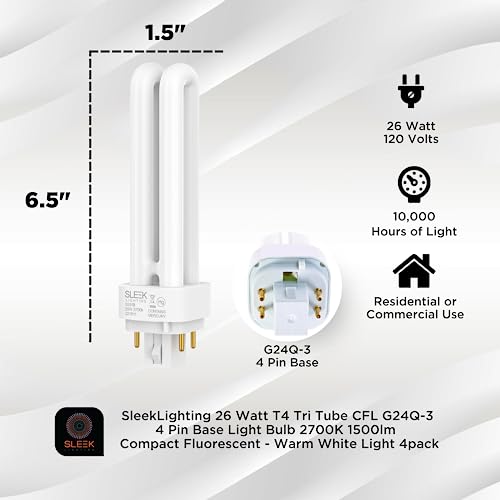 Sleeklighting 26 Watt T4 Double Tube Cfl 4 Pin G24Q-3 Base Light Bulb 2700K 1500Lm -Ul Listed,Compact Fluorescent -Warm White Light 4Pack #TOP1