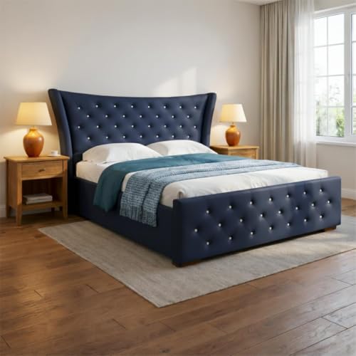 Image of Luxury King Size Upholstered Storage Bed with Diamond Tufted Padded Headboard | Premium Velvet Fabric Platform Bed Frame | Solid Wood Structure | Modern Bedroom Furniture | Navy Blue