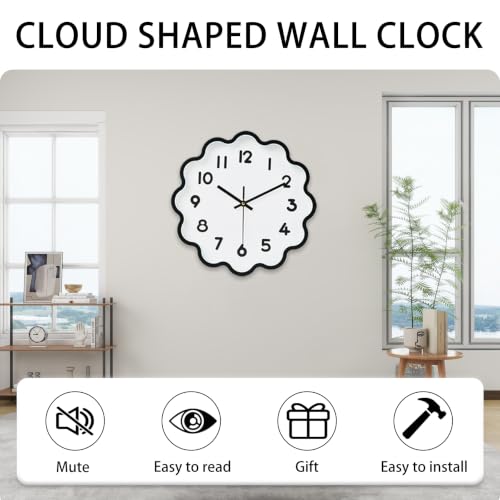 Image of HZDHCLH Wall Clocks Battery Operated 12 Inch Cloud Shaped Wall Clock Silent Non Ticking Modern Decorative Clock with 3D Numbers for Bedroom Living Room Nursery Classroom Black