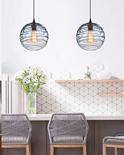 ARIAMOTION Pendant Lights Dining Room Coastal Lighting Fixtures Blue Stripe Seeded Glass Modern Style Ceiling Hanging Kitchen Island Beach House Sunroom Hallway Globe Lamp 9 Inch 2 Pack - Image 6