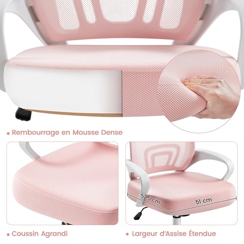 Chaise Bureau Ergonomique Rose Support Lombaire Yaheetech