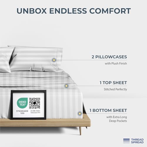 Image of THREAD SPREAD 100% Egyptian Cotton Damask Sheets Queen Size - Luxury 1500 Series Queen Sheet Set Egyptian Cotton (4 PC, White Stripe), Silky Soft, Sateen, Cooling & Breathable, 17 inch Deep Pocket Bed Set