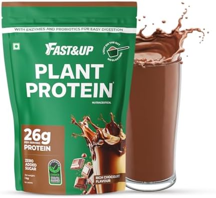 Fast&Up Plant Protein Powder with Rich Chocolate Flavour | Pea Isolate & Rice Protein | 26gm Protein Per Serve | Complete Amino Acids with 4.6g BCAA | Smooth & Tasty with No Added Sugar | Easy to Digest | Tested & Certified, 1kg Pouch