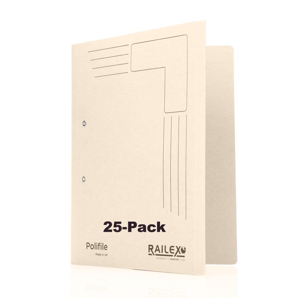 Railex Polifile A4 Folder - Ivory Pack of 25 for Paperwork A4, Lever Arch File and Ring Binder Alternatives with Flexible Spine and Document Wallet, Cardboard Folders with Durable Plastic Prong