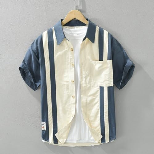 Sawhamale Camisa de manga corta para hombre, color de contraste, casual, ajuste holgado, vintage, con botones, para vacaciones, uso diario, azul (M)