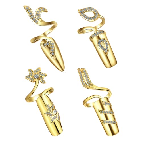 4PCS Small Fingernail Rings Set Rhinestones Finger Tip Rings Opening Ring Nail Decoration Protecting Gift Nail Art Charms Accessories(Gold)
