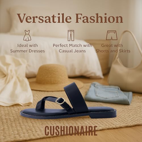 CUSHIONAIRE Laws Womens Sandals, Strappy Vegan Leather Slides for Women with Comfortable Flat Sole and Toe Ring3
