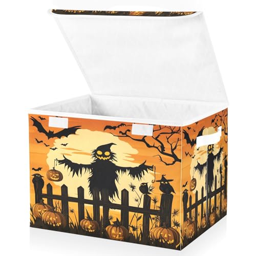 Image of OWFKAY Large Collapsible Fabric Storage Bins with Lids 16.5*12.6*11.8in Pumpkins Crows Scarecrows Pumpkin Foldable Storage Boxes Organizer Containers Baskets Cube for Shelves