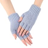 Fingerless Gloves For Womens - Winter Thermal Gloves Warm Soft Knit Half Fingers Mittens for Driving Working Typing (Light Blue, One Size)
